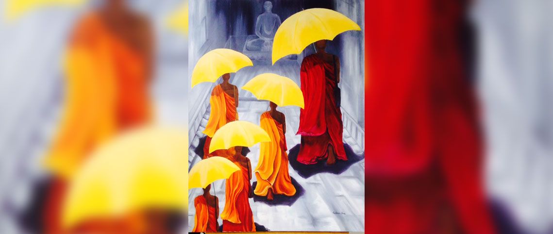 painting of monks in red and orange clothing walking to a temple with yellow umbrellas