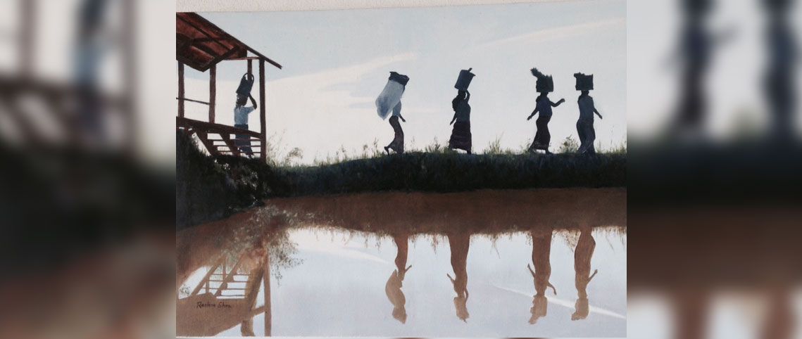 oil painting of four women walking in myanmar, reflected on some water
